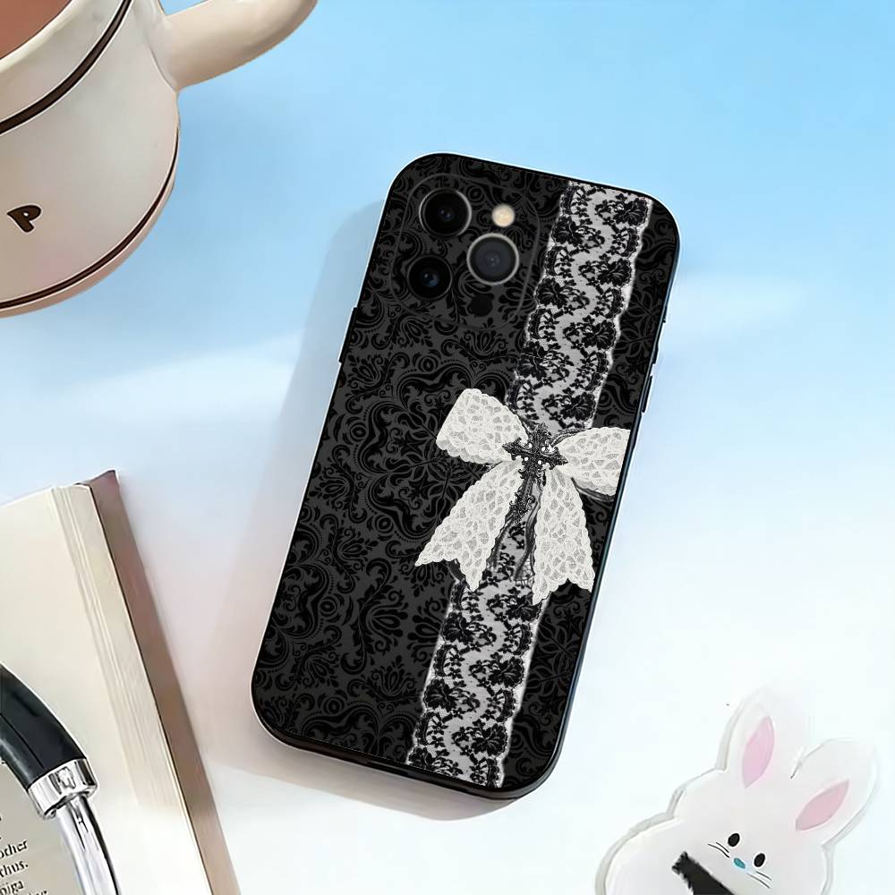 Элегантный черный дизайн с кружевным принтом Чехол для телефона Для iPhone 17,16,15,14,13,12,11 Plus,Pro Max,XS,Мягкий силиконовый черный чехол