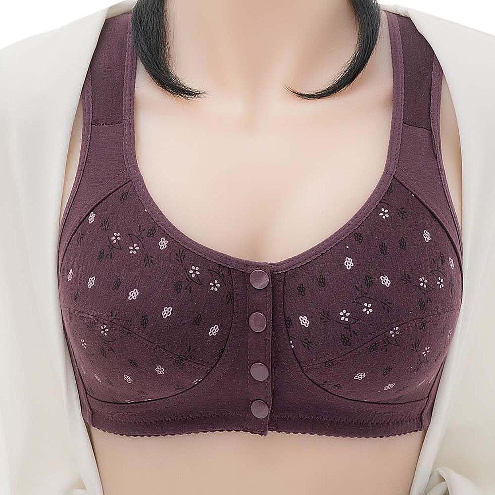 Women Front Button Floral Brassiere Underwear Cotton Wireless Push Up Bra Lingerie