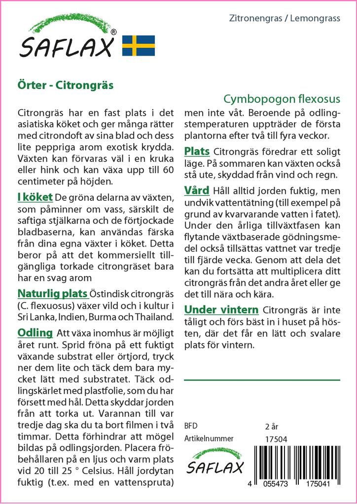 SAFLAX Garden in the Bag - Лемонграсс - 50 семян - С субстратом в подходящем пакете - Cymbopogon flexosus