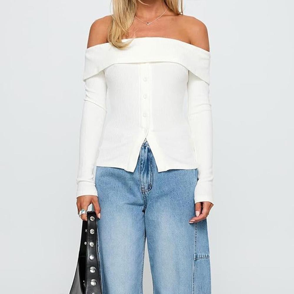 Women Y2k Off Shoulder Button Up Ribbed Knit Sweater Vintage Slim Fit Long Sleeve Foldover Pullover Top