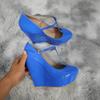 Women Patent Leather Pumps 14cm Round Toes T-Strap Buckle Platform Wedge High Heels Gladiator Ladies Dress Party Wedding Shoes
