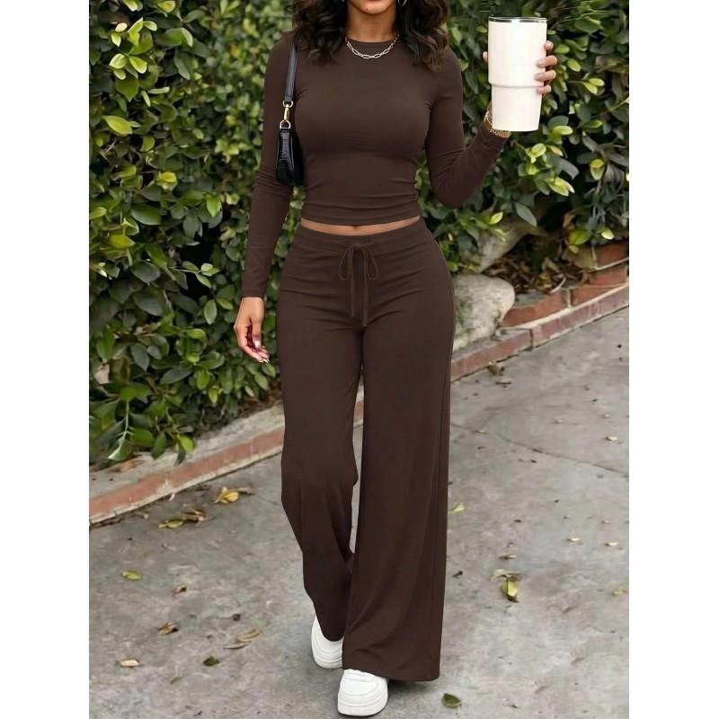 Womens 2026 Knit Lounge Set With Long Sleeve Top Wide Leg Pants Milk Silk Fabric Minimalist Casual Home Wear