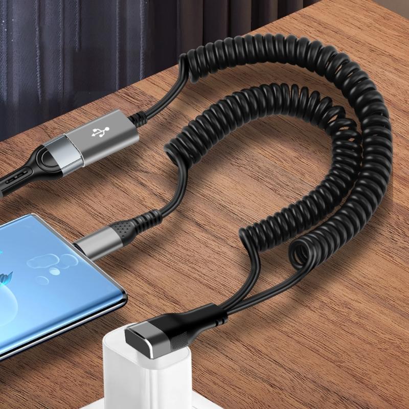 2-в-1 90-градусный изогнутый USB-кабель для быстрой зарядки 66 Вт Type C Спиральный выдвижной кабель для ноутбука Автомобильные зарядные аксессуары