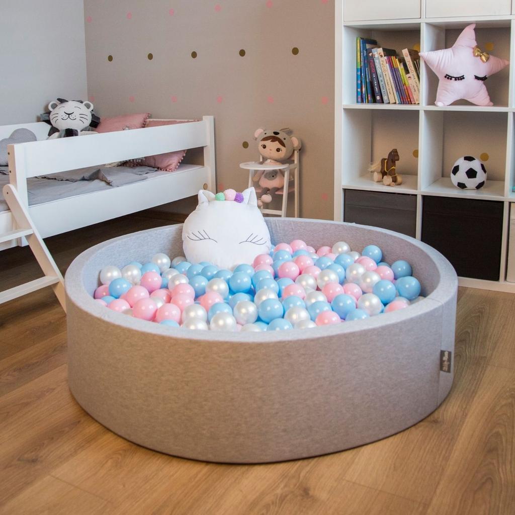 KiddyMoon Soft Ball Pit Round 120x30cm/200 Balls Balls 7cm / 2.75in for Kids, Light Grey:white-grey-powderpink
