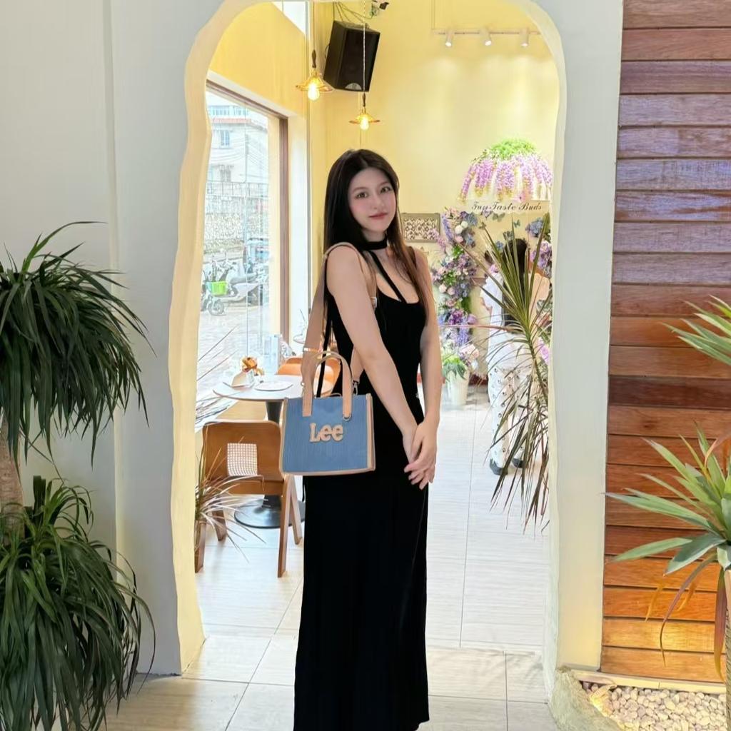 New Lee Fabric+Artificial Leather Tote Shoulder Bag, Crossbody Bag, Handbag Regular Women's Light Denim Blue LE240074M-521