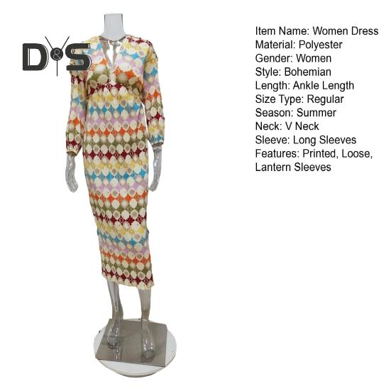 Женское платье с ярким принтом, глубоким V-образным вырезом, длинными рукавами-фонариками, свободная талия, богемный стиль, платье макси для отдыха, шопинга и свиданий