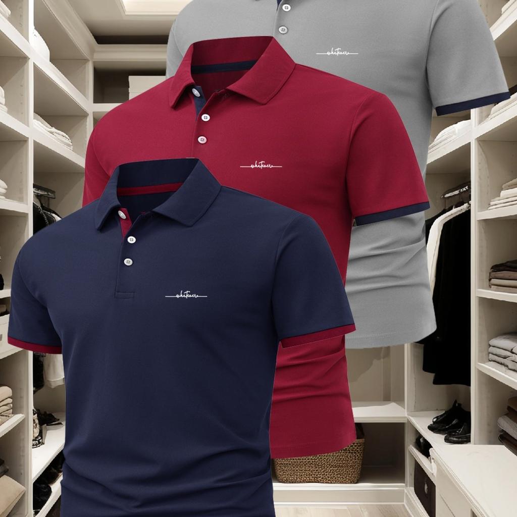 Men's 3pcs Polo Shirt Set,Fashionable Business Casual Collared Short Sleeve Shirt, Comfortable and Breathable Summer Top Gift
