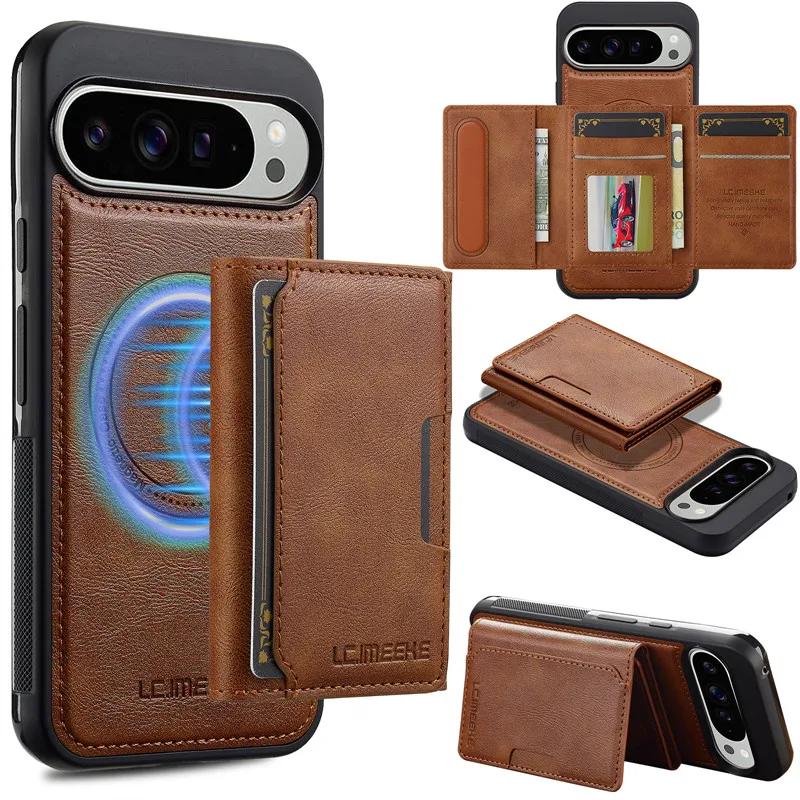MagSafe Magnetic Flip Leather Phone Case for Google Pixel 9 Pro XL 8 7 8A 7A Detachable Wallet Card Pocket Back Cover Cpque Etui