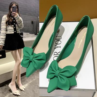 Туфли на каблуке с острым бантом для женщин 2024 года, весна/лето, новые простые модные туфли на тонком каблуке для женщин