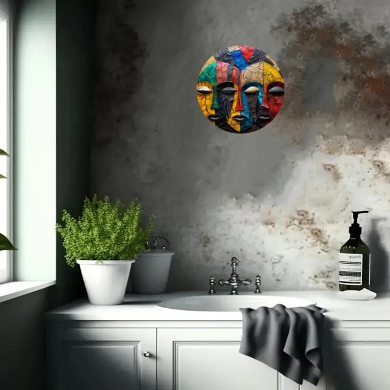 Wood Unique African Mask Circular Wooden Sign with Artistic Design, Suitable for Door, Wall, Home, Room, Farmhouse, Street, Shop, Garage, Bar, Garden