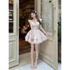 Summer New Blue Fluffy Princess Short Dress Small Waist Thin Floral Dress Elegant Girl Sweet