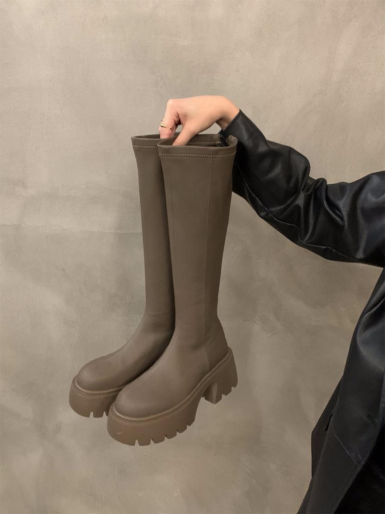 Маленькие узкие длинные рыцарские сапоги на толстой подошве, женская обувь 2025 года, новые бархатные черные сапоги средней высоты