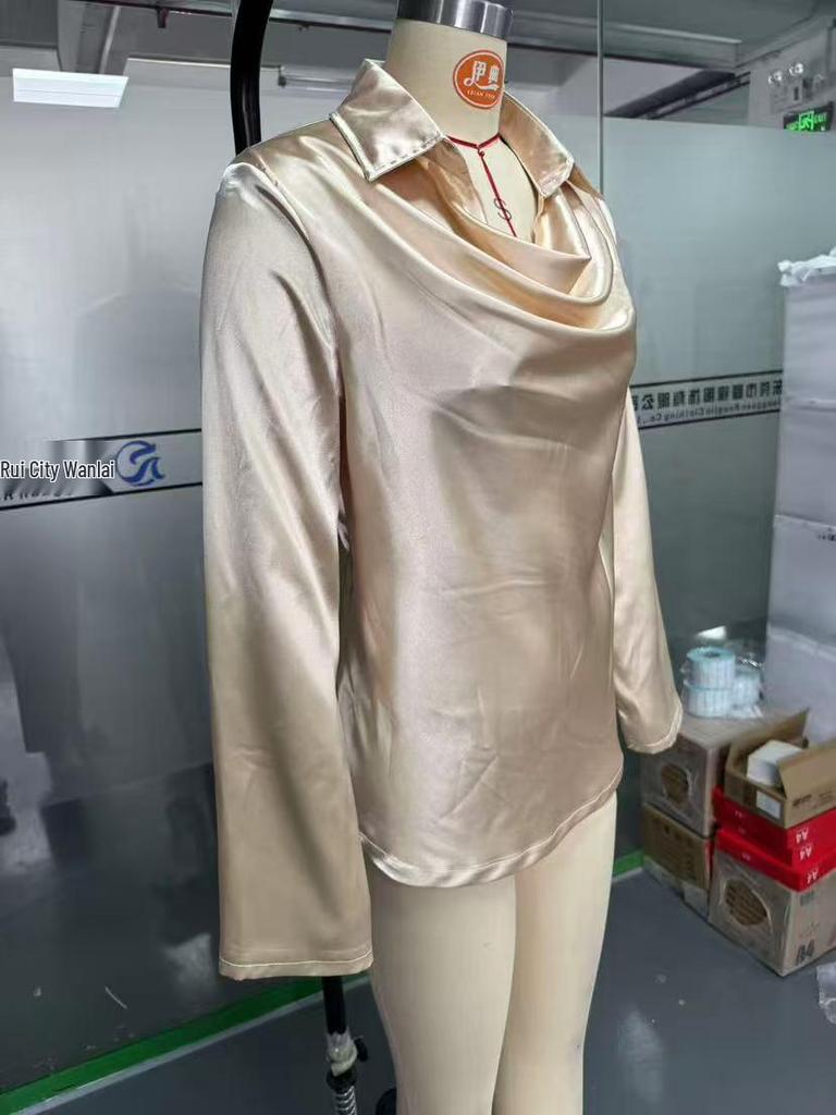 Элегантный женский топ с принтом и драпировкой на шее, воротник рубашечного типа