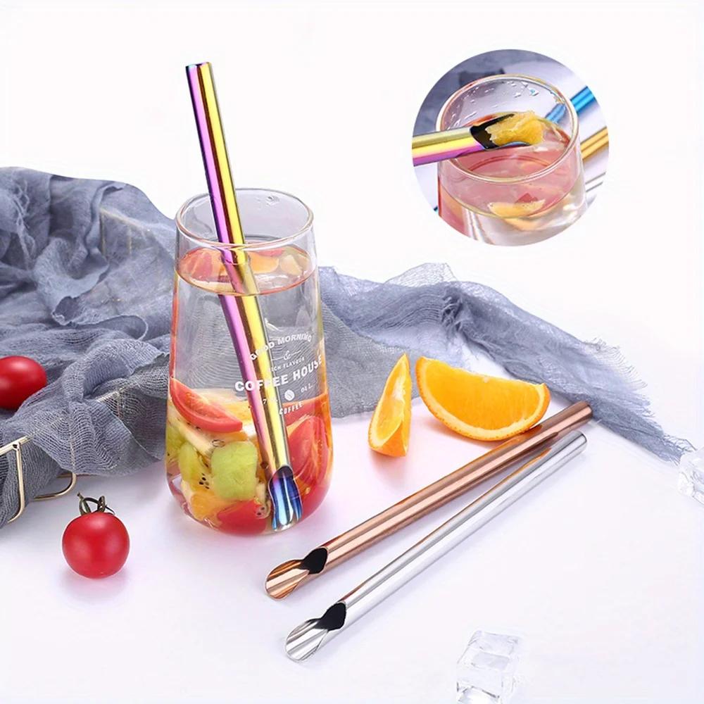 6Pcs 304 Stainless Steel Reusable Straw Set Pearl Milkshake Bubble Tea Straw with Brush Stirring Smoothie Spoon Shaped Straw Set