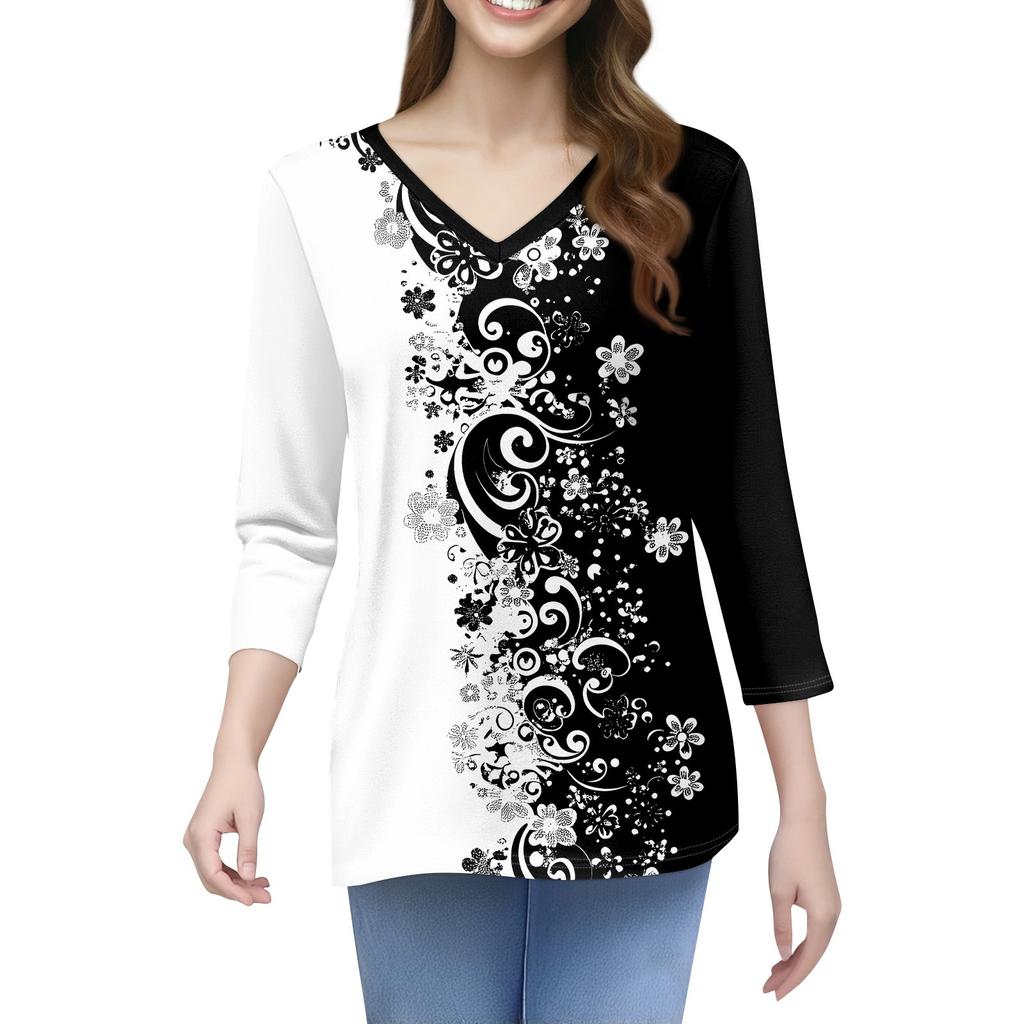 Women's T Shirt Print 3/4 Sleeve Daily Weekend Fashion Basic V- Neck Regular Top