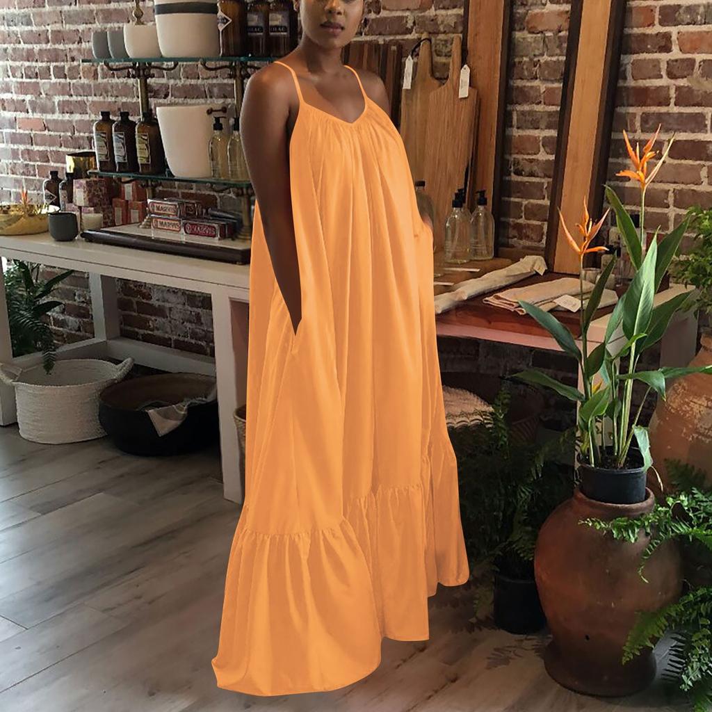 Женское модное повседневное однотонное платье на бретельках с карманом, свободное платье с открытой спиной, большое распашное платье