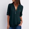 Shirt V-neck Zipper Plus Size Women's Long Sleeved Loose Chiffon Shirt with Adjustable Sleeves