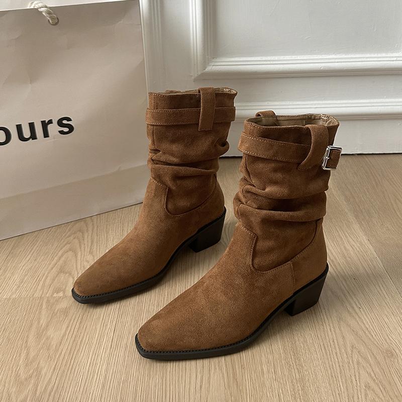Осенне-зимние женские ботильоны из замши с острым носком, модные туфли на толстом каблуке, элегантные женские ботильоны