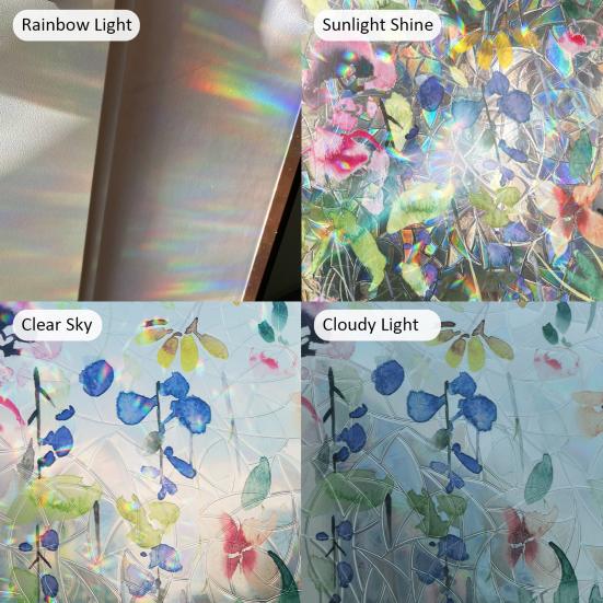 Yousheng Радужная оконная пленка Витражный стиль Цветочные статические наклейки Без клея Многоразовые оконные наклейки для гостиной, спальни, кухни, ванной комнаты