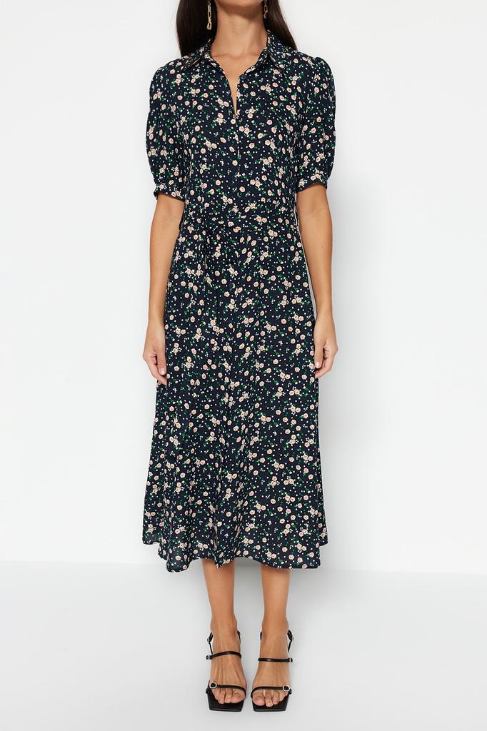 Women's Fashion New Dress Black Floral Pattern Slit Woven Shirt Dress