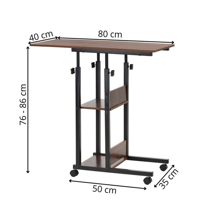 Table d'ordinateur portable mobile sur roulettes, réglable en hauteur 76–86 cm – marron foncé