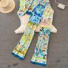 Runway Designer Vintage Pant Two Piece Set for Women Cyanotype Printed Blazer Shirt Trousers Suit