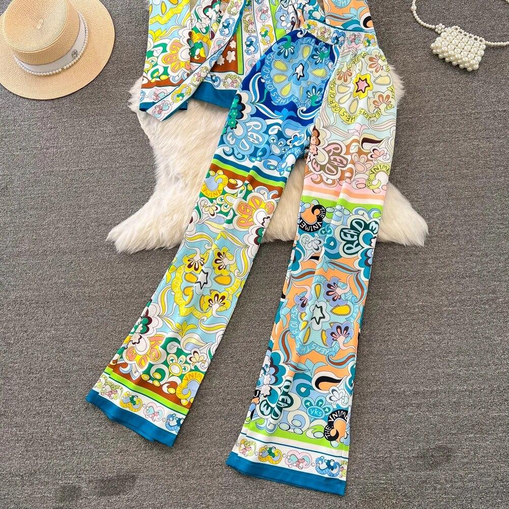 Runway Designer Vintage Pant Two Piece Set for Women Cyanotype Printed Blazer Shirt Trousers Suit