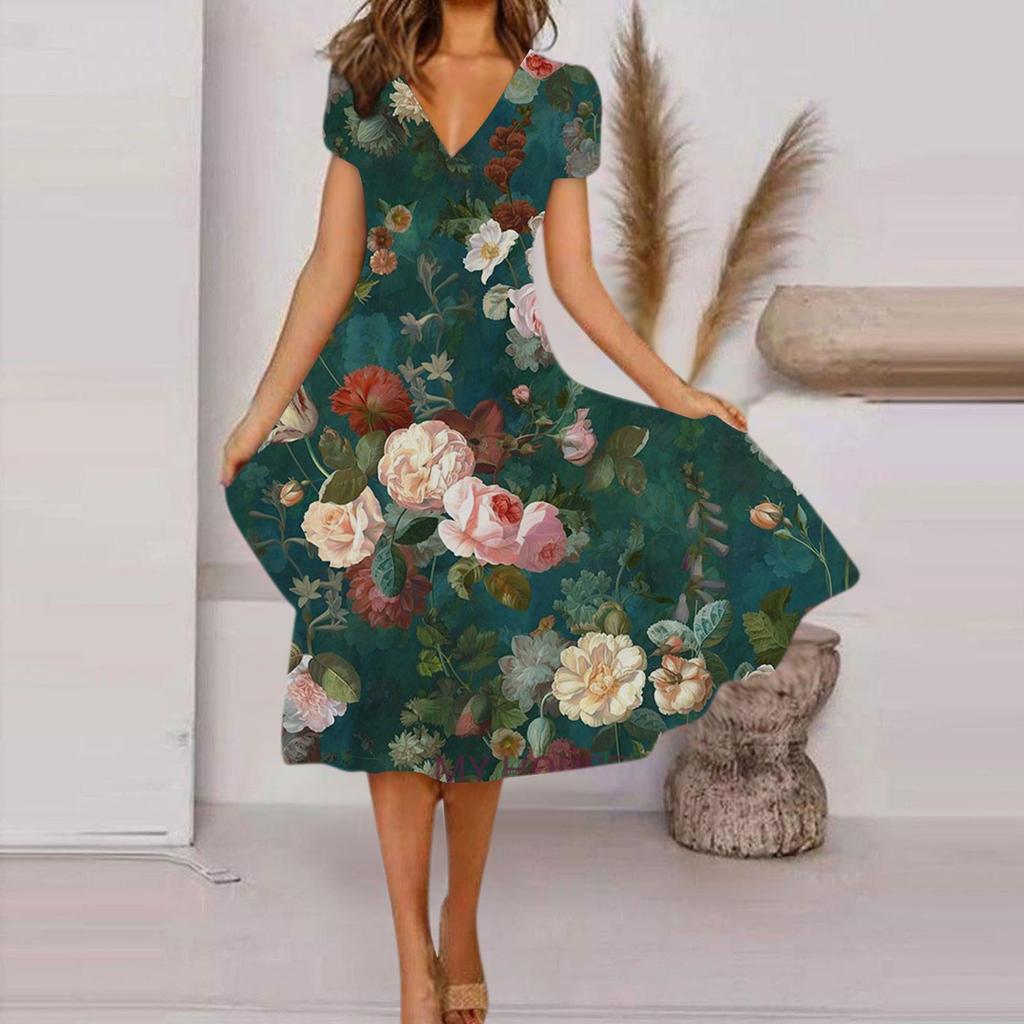 Women's Summer Casual Fashion Floral Print Short Sleeve V-Neck Swing Dress