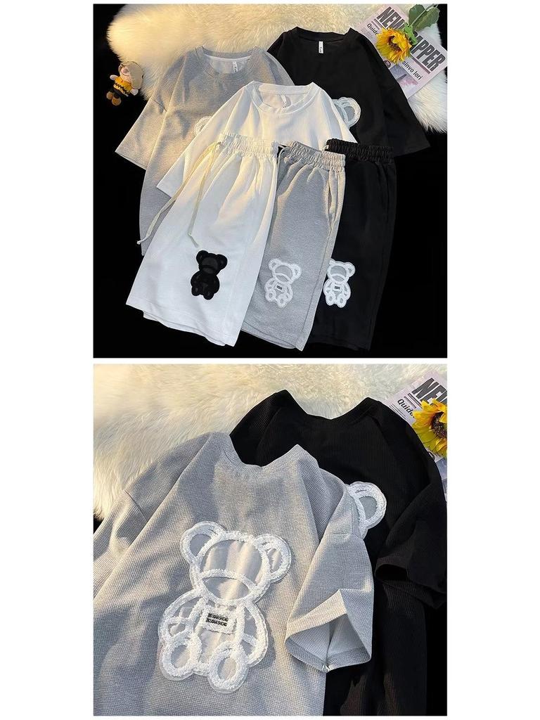 Мужской летний комплект из шорт с короткими рукавами и принтом медведя