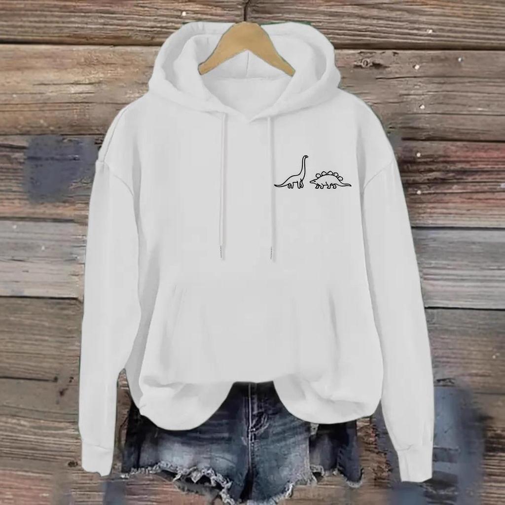 2025 Dinosaur Pattern Casual Hooded Sweatshirt, Drop Shoulder Style, Loose Fit with Ribbed Hem