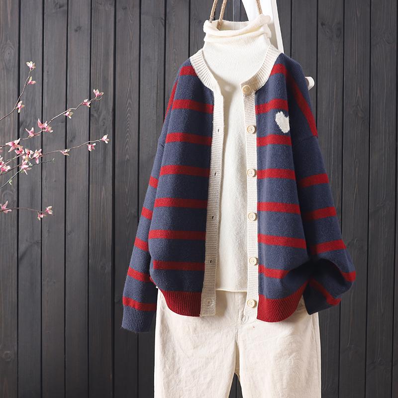 Autumn And Winter Stripes Color Matching Button Round Neck Knitted Cardigan Women Long-sleeved Sweater All-match