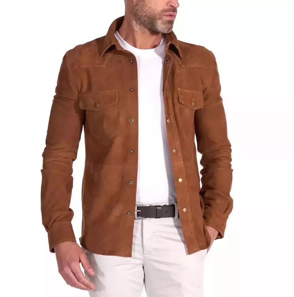 Новая стильная повседневная мужская рубашка ручной работы из коричневой замши на пуговицах из чистой овчины
