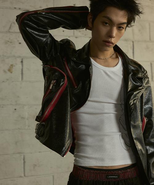 Lanarchive [0120] Glossy Leather Rider Jacket - Black