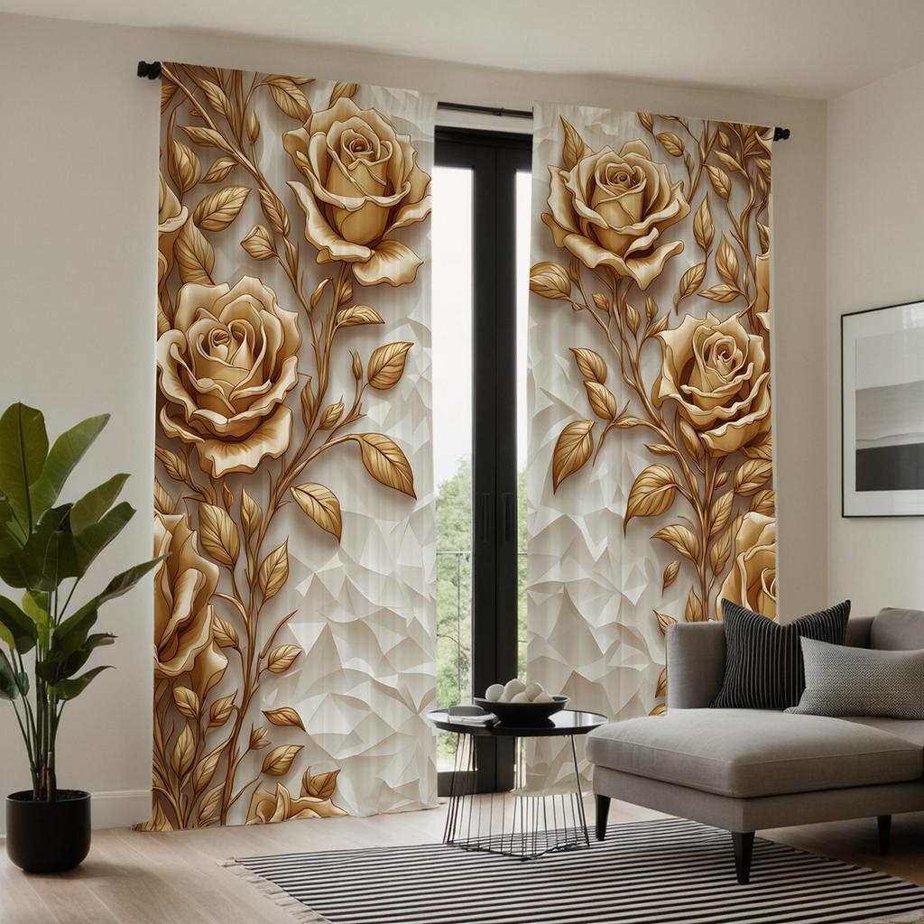 2-piece HD Digital Yellow Abstract Rose Curtain Home Decoration Style Decoration Living Room Bedroom Through Rod Curtain Effect