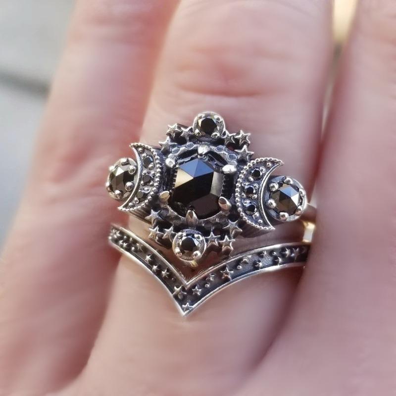 New Gothic Universe Moon Ring Set for Women Vintage Creative Pentagram Black Party Vacation Jewelry Halloween birthday Gifts