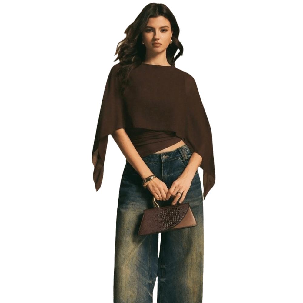 Ruched Waist Cape Sleeve Top Round Neck False Two-Piece Tops Batwing Sleeve Top Summer Wear