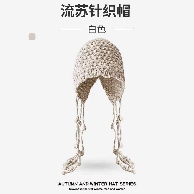 Winter Handmade Fashion Fringed Ball Wool Hat Thickened Thermal Bald Hat Women's Ear Protectors Straps Knitted Hat Tide