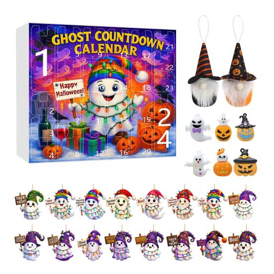 Хэллоуин Адвент-календарь 2025 24-дневный календарь обратного отсчета с акриловыми украшениями в виде призрака/гнома/тыквы для помещения