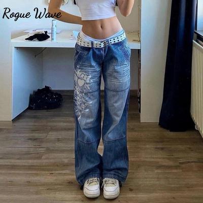 Женские джинсы RogueWave с принтом Харадзюку, с цветочным принтом, в винтажном стиле, широкие прямые брюки, гранж, повседневные наряды, брюки, уличная одежда, Y2k