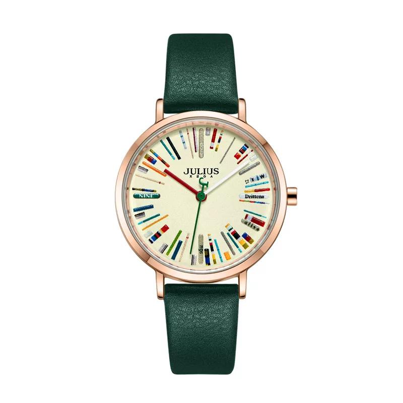 Authentic Julius Watch for Women, New Model with Unique Colorful Hands, Simple Retro Leather Strap, Women's Wristwatch, Student Waterproof