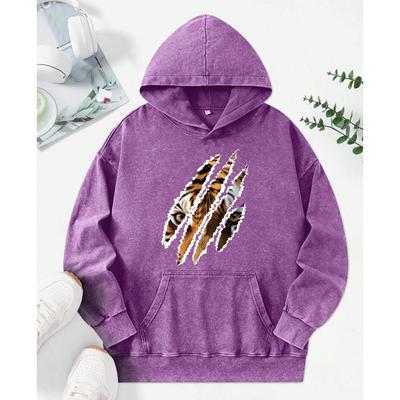 Ретро Принт Тигровые Полосы Женское Худи с Вареным Эффектом Креативные Свободные Пуловеры Осеннее Хлопковое Худи Повседневная Одежда