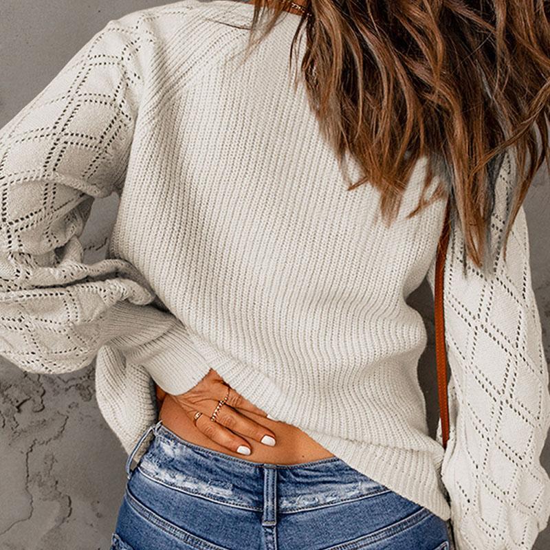 Осенний женский трикотаж, однотонный трикотаж с ромбами и объемными рукавами, свободный однобортный кардиган, свитер