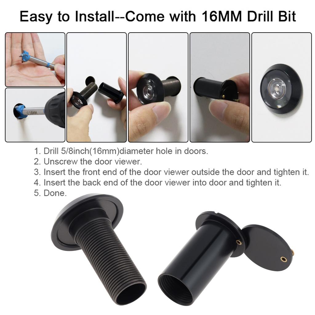 Solid Brass 16mm Door Peephole 200 Degree HD Lens Privacy Cover Heavy Duty Includes Drill Bit Universal 35-60mm Solid Wood Door