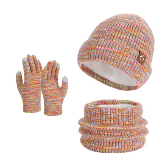 3Pcs/Set Winter Hat Scarf Gloves Set Thickened Velvet Lining Colorful Elastic Fit Knitting Hat Neck Warmer Gloves Set