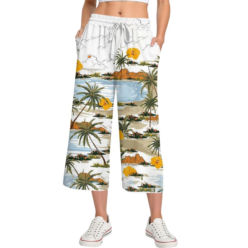 Женские летние повседневные спортивные брюки с высокой талией и принтом, укороченные брюки свободного покроя