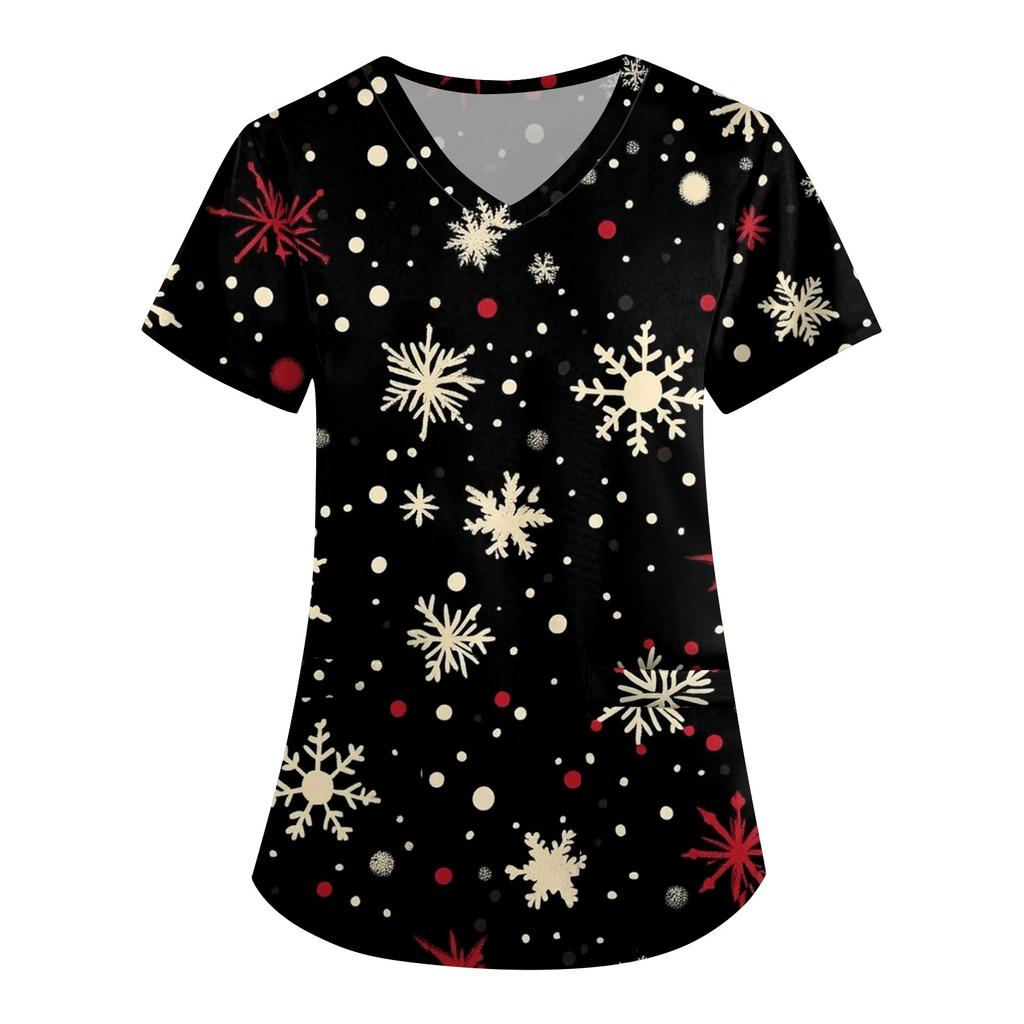 Women's Cute Printed Work Clothes V-neck Double Layer Pockets Basic Short Sleeve Top Pullover Christmas