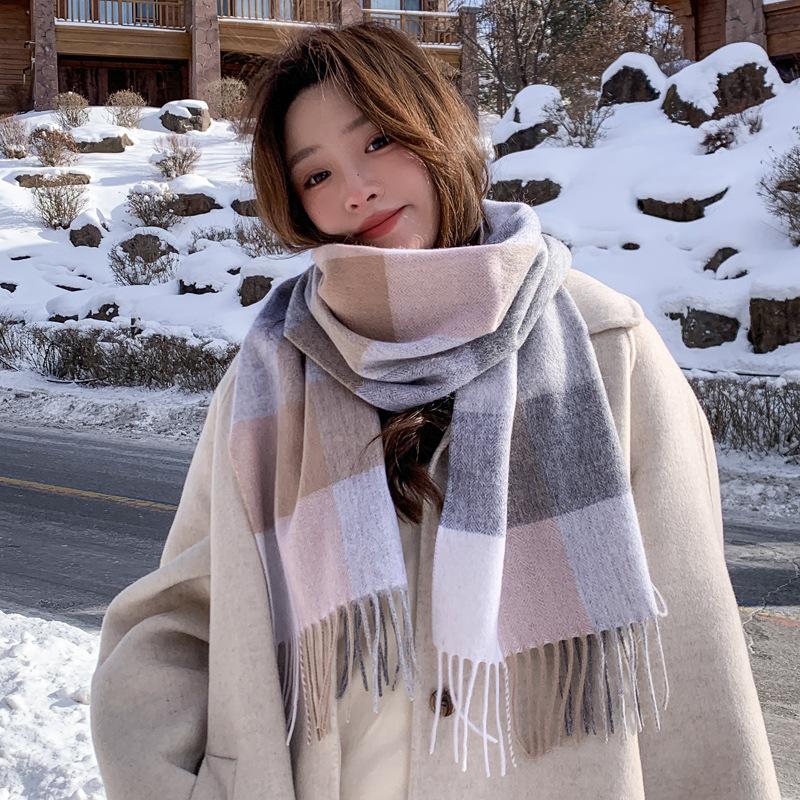 Pink Pure Wool Scarf Women's Winter New Atmosphere Plaid Cashmere Scarf for Girlfriend's Birthday Gift