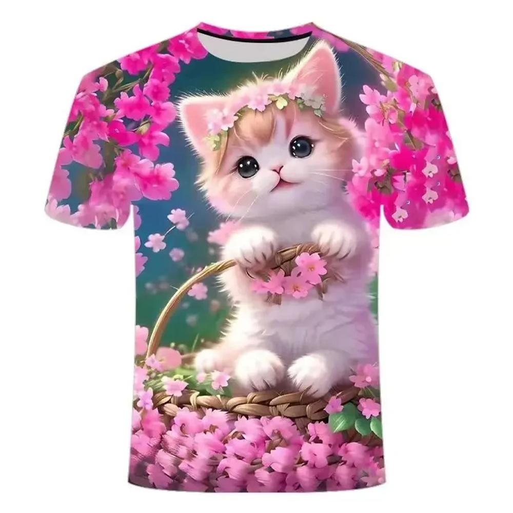 Детская летняя одежда с милым принтом кошки с коротким рукавом, мультяшный красивый топ для девочек, повседневная футболка с круглым вырезом