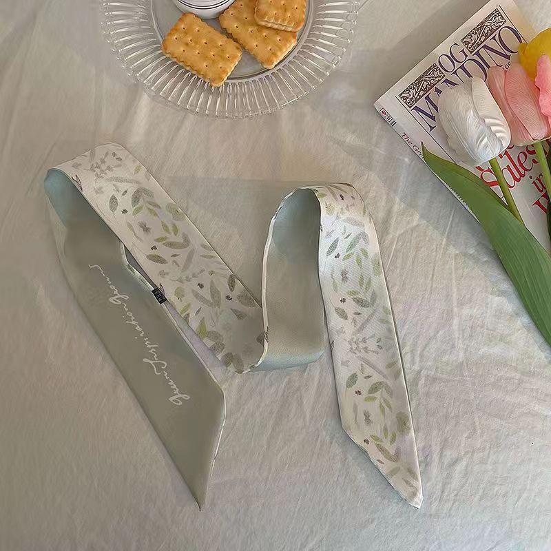 Маленький белый и нежно-зеленый шелковый шарф для женщин, тонкая лента, повязка на голову, резинка для волос, украшение для сумки, длинный