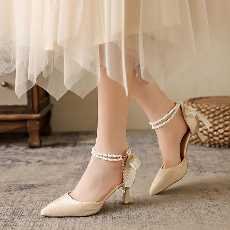 Women's High Heels Summer New Pointed Pearl Bow Wedding Shoes Casual Fashion Slim Heel Shoes Mary Jane Shoes